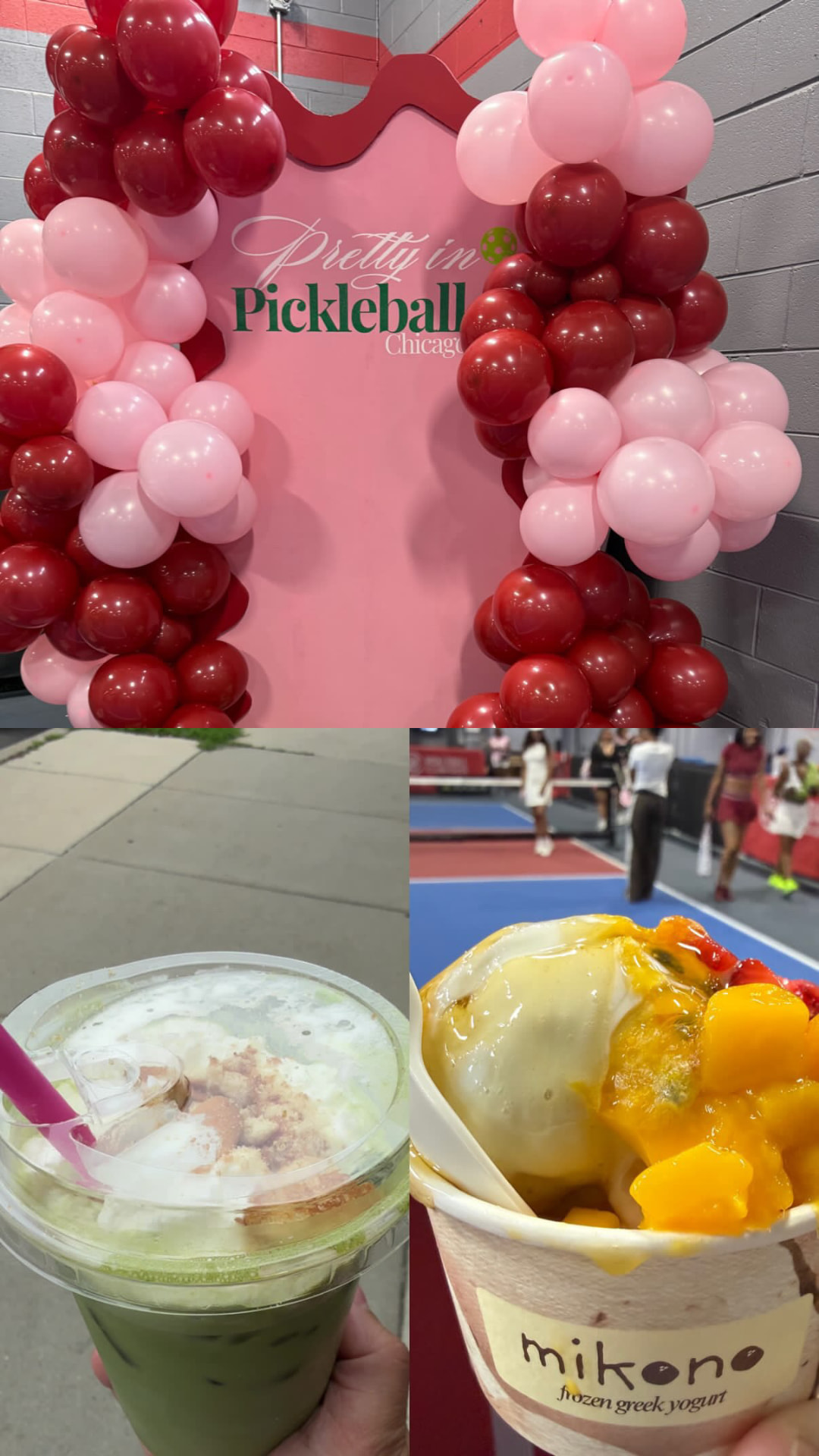 Pretty in Pickleball Chicago balloon arch with matcha drink and Mikono frozen Greek yogurt on the court